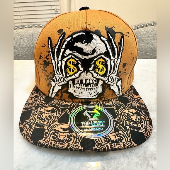 Men’s Brown and Black Skull Top Level Embroidered SnapBack Hat - NWT - Picture 8 of 8